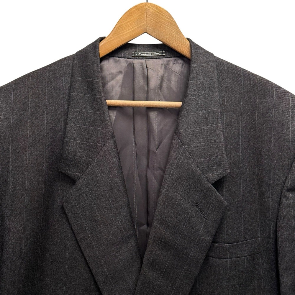 Gianni Versace Vtg 80s Men's Sz 50 Dark Gray Striped Double Breasted Wool Blazer - Picture 2 of 6
